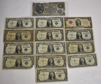 US CURRENCY INCL. 1897 $5 LG. NOTE/SILVER CERTIFICATES