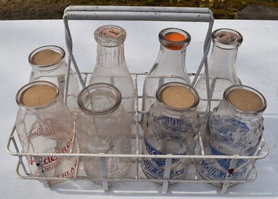 ASST. MILK BOTTLES W/SOUR CREAM BOTTLES & CARRIER RACK