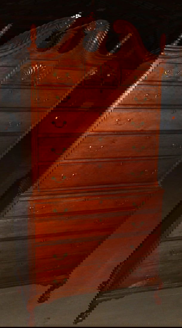 CONNECTICUT CHIPPENDALE CHERRY BONNET TOP HIGH BOY (1 of 20)