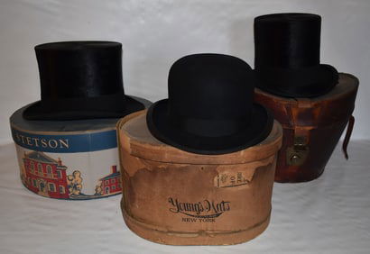 LOT ASSORTED VINTAGE HATS INCL. DERBY & TOP HATS