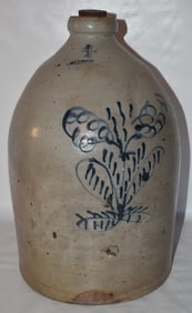 D. WESTON 4 GAL. SALT GLAZED STONEWARE JUG W/STYLIZED
