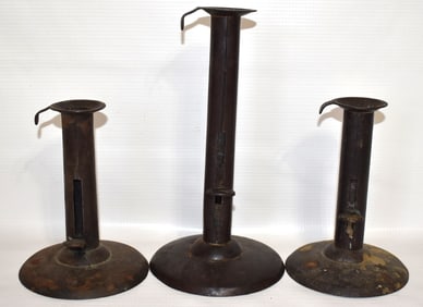 3 EARLY AMERICAN IRON HOGSCRAPER CANDLESTICKS, 19TH C.