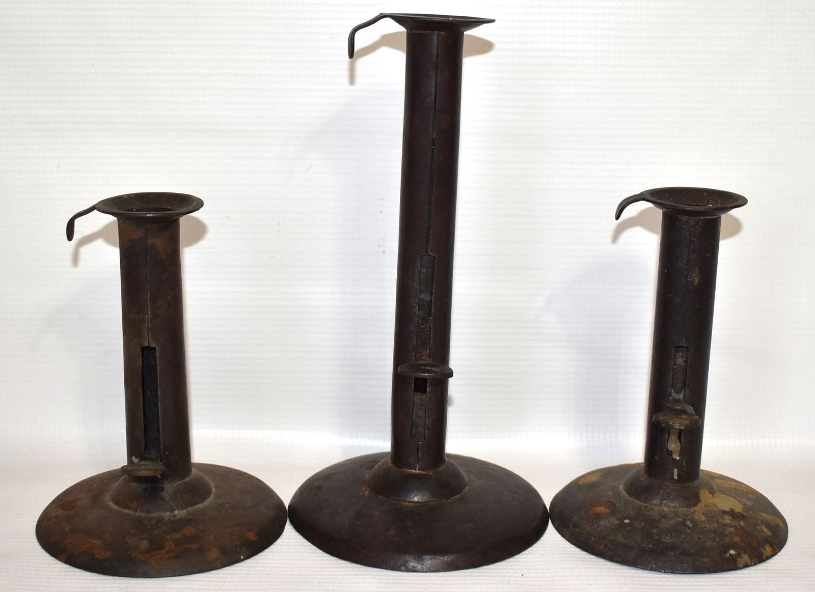 3 EARLY AMERICAN IRON HOGSCRAPER CANDLESTICKS, 19TH C. (1 of 8)