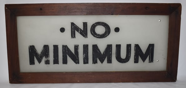 COUNTRY STORE "NO MINIMUM" GLASS SIGN, 12" X 26"