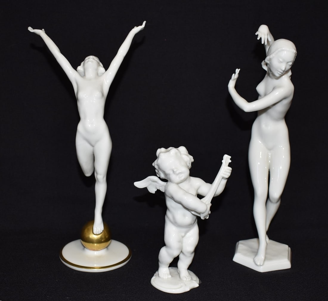 LOT (3) HUTSCHENREUTHER PORCELAIN NUDES INCL. K. TUTTER: LOT (3) HUTSCHENREUTHER PORCELAIN NUDES INCL. K. TUTTER, 20TH C., H. TALLEST 9"