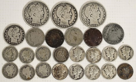 LOT ASST. COINS INCL. BARBER HALF DOLLARS/DIMES/QUARTER