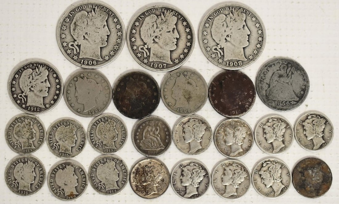 LOT ASST. COINS INCL. BARBER HALF DOLLARS/DIMES/QUARTER (1 of 16)