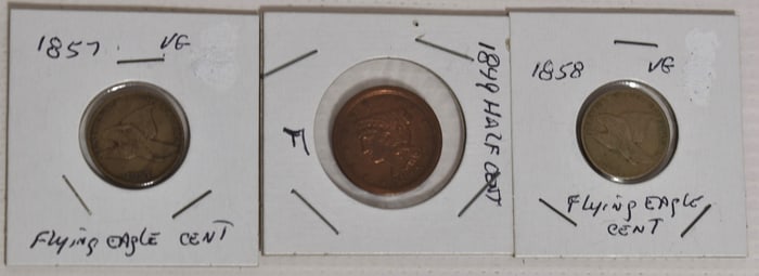 LOT (3) INCL. FLYING EAGLE CENTS & 1849 HALF CENT