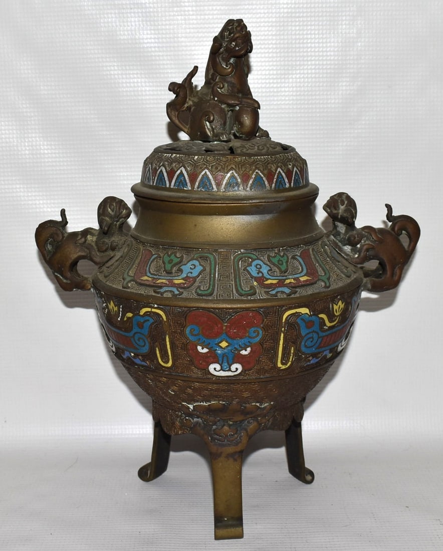 CHINESE CHAMPLEVE BRONZE CENSER, 19TH C., H. 13" (1 of 11)