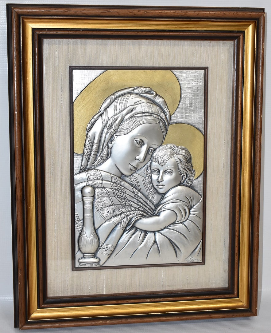 VINTAGE STERLING/GILT FRAMED MARY W/JESUS: VINTAGE STERLING/GILT FRAMED MARY W/JESUS, 17" X 13 1/2"