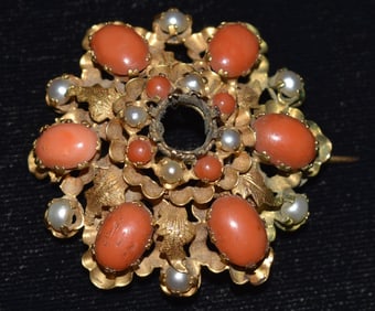 VICT. 18KT YELLOW GOLD RED CORAL/NATURAL PEARL BROOCH