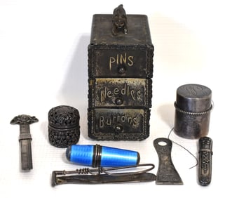 LOT (8) ASSORTED STERLING/PLATE/ENAMELED SEWING ITEMS