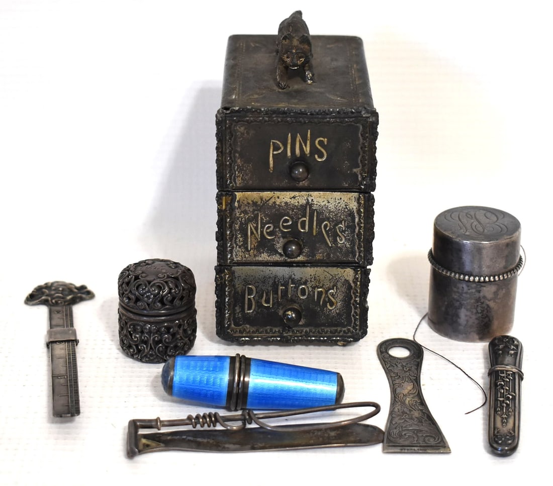 LOT (8) ASSORTED STERLING/PLATE/ENAMELED SEWING ITEMS (1 of 9)