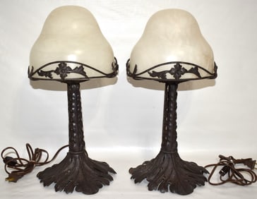 PR RENAISSANCE STYLE WROUGHT IRON/ALABASTER TABLE LAMPS