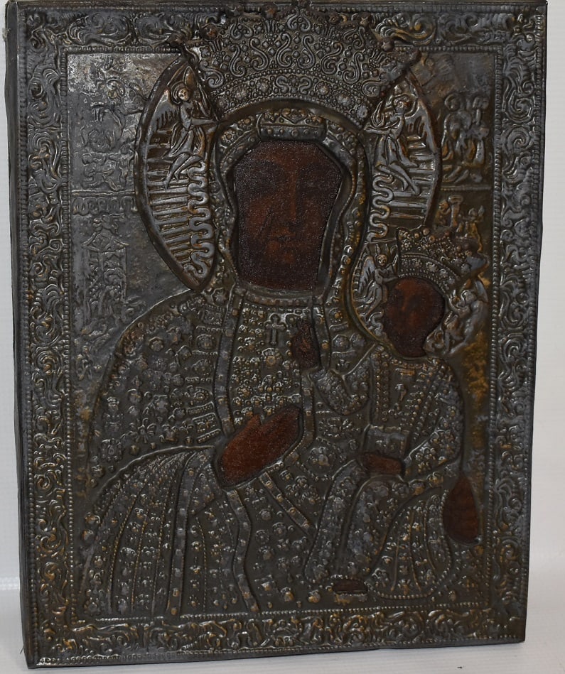 RUSSIAN ORTHODOX ICON W/REPOUSSE DECORATED FRAME: RUSSIAN ORTHODOX ICON W/REPOUSSE DECORATED FRAME, 19TH C., 12" X 10"