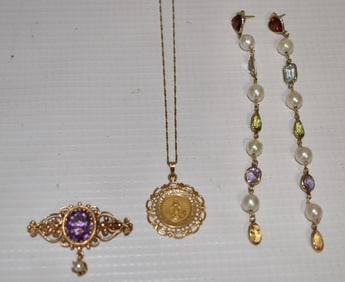 LOT (3) VICTORIAN/DECO 14KT NECKLACE, EARRINGS, BROOCH