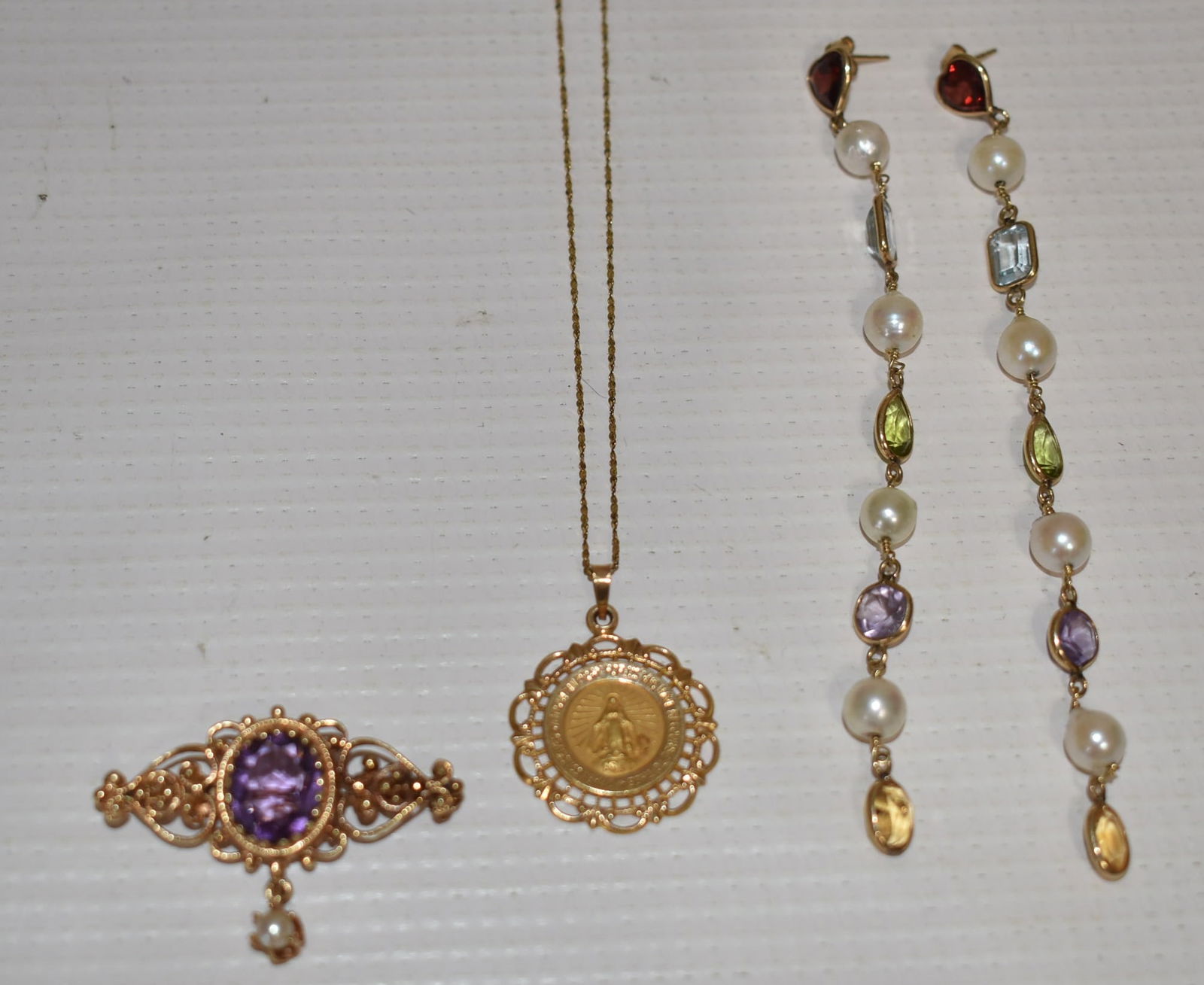 LOT (3) VICTORIAN/DECO 14KT NECKLACE, EARRINGS, BROOCH (1 of 8)
