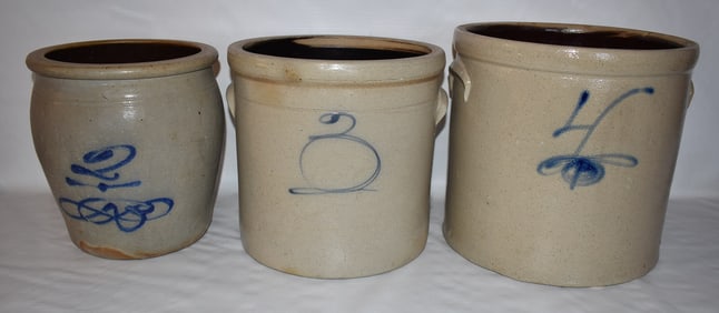 LOT (3) SALT GLAZED STONEWARE CROCKS W/NUMERICAL COBALT