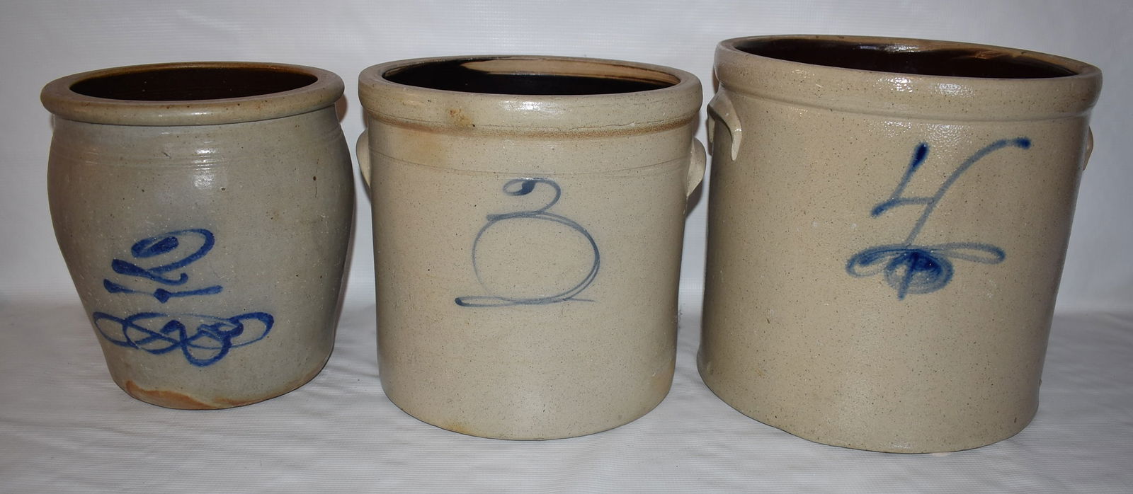 LOT (3) SALT GLAZED STONEWARE CROCKS W/NUMERICAL COBALT (1 of 16)