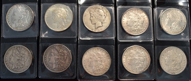 LOT (10) ASSORTED MORGAN/PEACE DOLLARS (VARIOUS DATES)