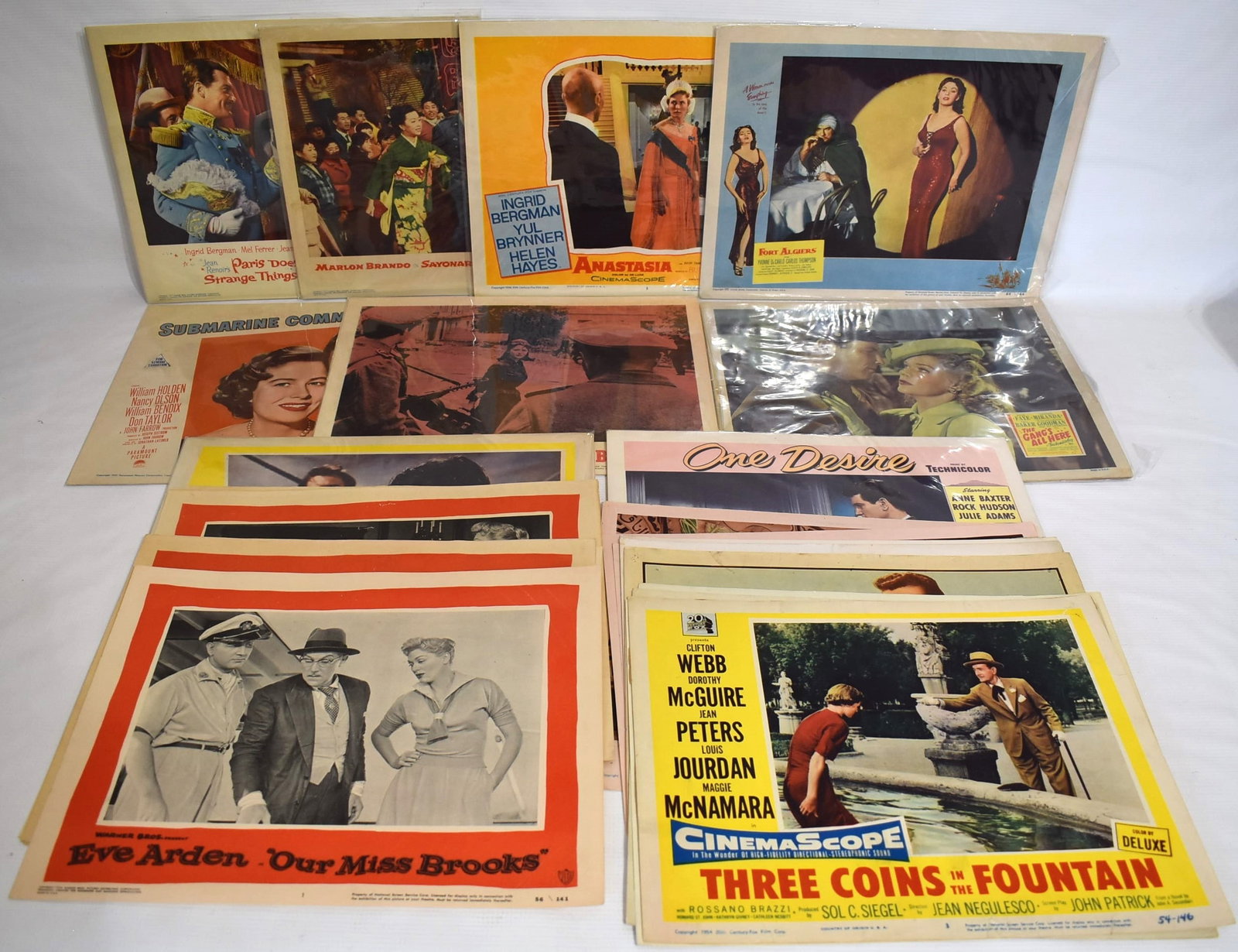 57 ORIG. VINT. LOBBY CARDS INCL. VALLEY OF THE KINGS++: LOT APPROX. (57) ORIGINAL VINTAGE LOBBY CARDS INCL. VALLEY OF THE KINGS (3), RED DANUBE (3), SAYONARA (5), ONE DESIRE W/NATALIE WOOD, C. 1950/60'S, 11" X 14"