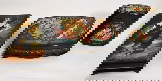 (3) H/P RUSSIAN LACQUERED BOXES W/SCENIC FIGURAL SCENES