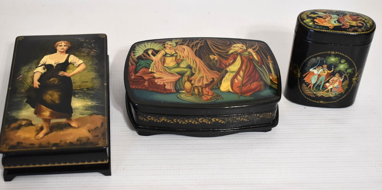 (3) H/P RUSSIAN LACQUERED BOXES W/SCENIC FIGURAL SCENES (1 of 10)
