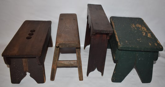 LOT (4) COUNTRY PINE CRICKET STOOLS, 19/20TH C.