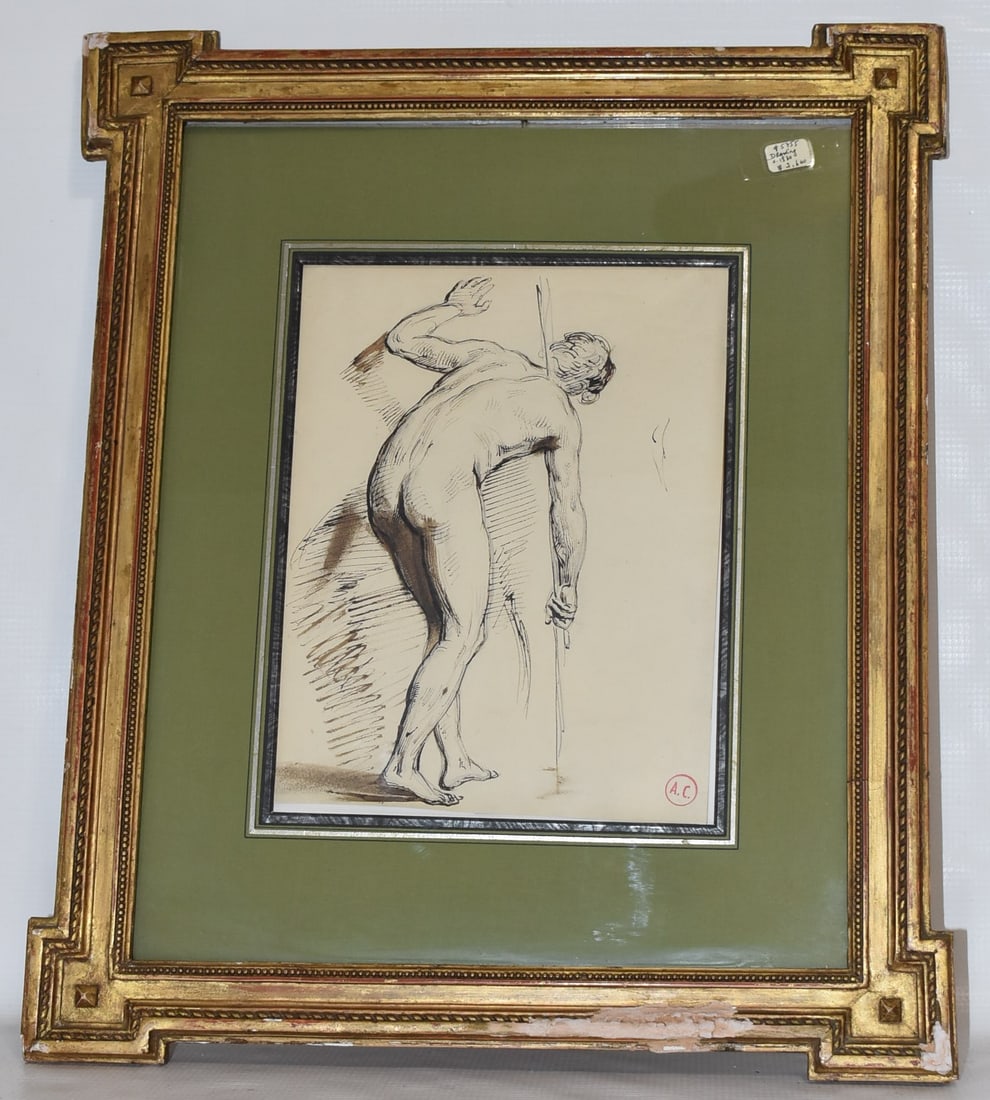 W/C STANDING MALE NUDE SIGNED ESTATE STAMP AC CIRCLED: W/C STANDING MALE NUDE SIGNED ESTATE STAMP AC CIRCLED (COLIN, ALEXANDRE-MARIE 1798-1873) WATERMARKED PAPER (J. WHATMAN TURKEY MILL 1824) EXHIBITION LABEL VERSO SHEPHERD GALLERY NY, NY, SIGHT 9 1/2" X 