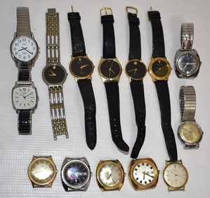 14 VINTAGE MEN'S WRISTWATCHES INCL. TIMEX/SUZI/MOVADO +