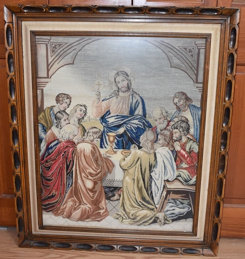 VINTAGE TAPESTRY W/CHRIST SERVING WINE, C. 1900: VINTAGE TAPESTRY W/CHRIST SERVING WINE, C. 1900, 38" X 32" OVERALL