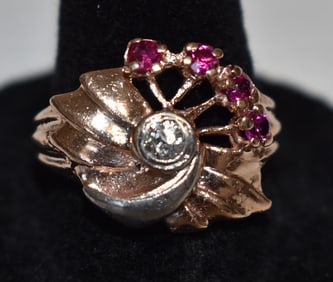 FINE ART DECO 14KT ROSE/WHITE GOLD DIAMOND/RUBY RING