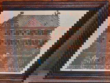 FOLK ART NEEDLEPOINT PICTORIAL HOUSE W/YARD & ANIMALS