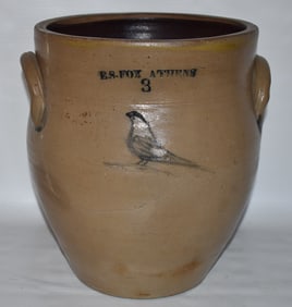 E.S. FOX 3 GAL. SALT GLAZED STONEWARE CROCK W/BLUEBIRD