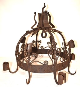 EARLY DUTCH CROWN WROUGHT IRON CANDLE CHANDELIER