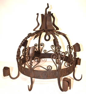 EARLY DUTCH CROWN WROUGHT IRON CANDLE CHANDELIER: EARLY DUTCH CROWN WROUGHT IRON CANDLE CHANDELIER, 18/19TH C., H. 20" D. 23"
