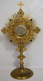 ANTIQUE ENGRAVED BRASS MONSTRANCE W/GREEN STONE ACCENTS