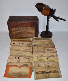 VICTORIAN STEREOPTIC VIEWER W/CARDS IN CASE, 19TH C.