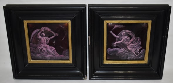 LOT (2) CLASSICAL ENAMELED PANELS CELESTIAL GODS W/BATS