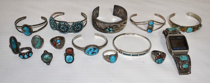 ASST. AM. INDIAN STERLING/TURQUOISE RINGS/BRACELETS ETC