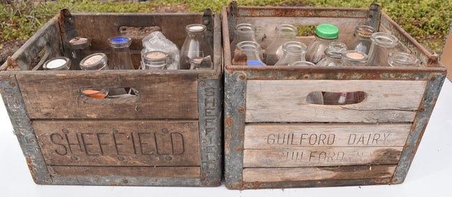 2 CRATES ASSORTED MILK BOTTLES INCL. GUILFORD DAIRY NY