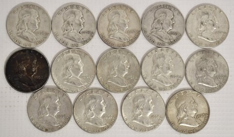 LOT (14) FRANKLIN SILVER HALF DOLLARS, 1952-1963