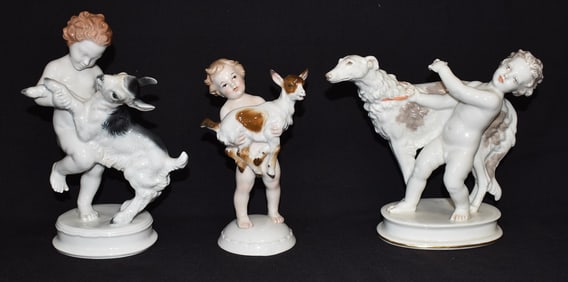 LOT (3) ROSENTHAL PORCELAIN CHERUBS W/GOATS/WOLF HOUND