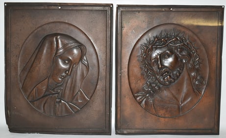 LOT (2) VINTAGE COPPER PLAQUES JESUS & MARY, 19/20TH C.