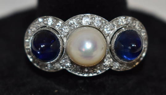 ART DECO PLATINUM/DIAMOND/SAPPHIRE/NATURAL PEARL RING: FINE ART DECO PLATINUM/DIAMOND/SAPPHIRE & NATURAL PEARL RING, C. 1920, W. 4.3 DWT, SZ. 9