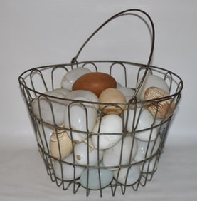 EARLY EGG BASKET W/ASSORTED GLASS EGGS, 19/20TH C.