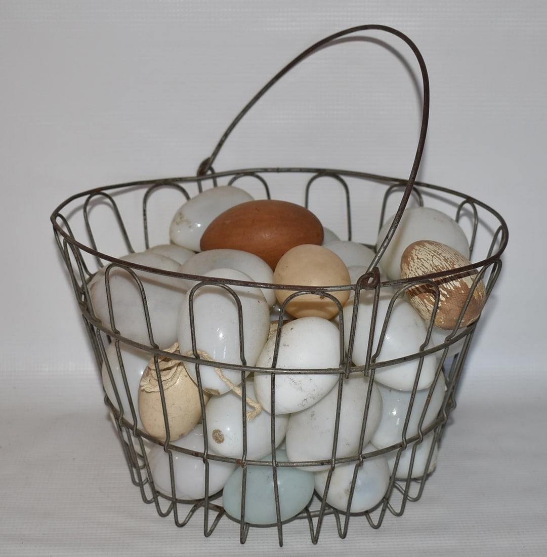 EARLY EGG BASKET W/ASSORTED GLASS EGGS, 19/20TH C. (1 of 5)
