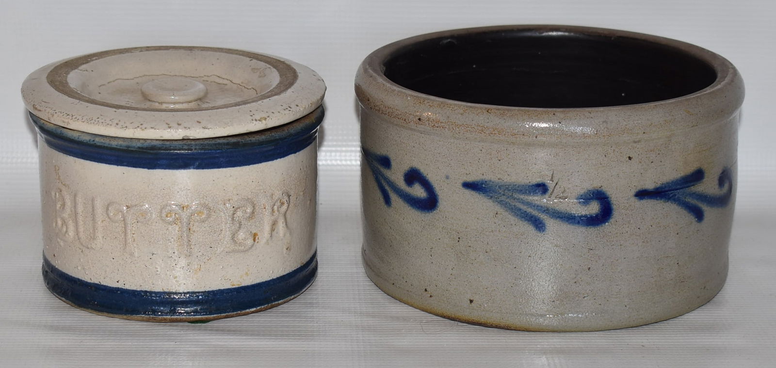 LOT (2) SALT GLAZED STONEWARE CAKE CROCK/BUTTER CROCK (1 of 12)