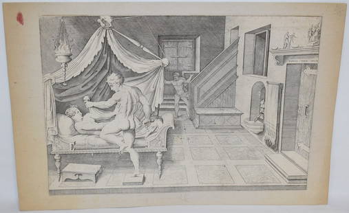 OLD MASTER ENGRAVING UNKNOWN TITLE AFTER R. SANZIO: OLD MASTER ENGRAVING UNKNOWN TITLE AFTER RAFFAELLO SANZIO (ALSO KNOWN AS RAPHAEL URBINO 1483-1520) ITALIAN WATERMARKED PAPER W/FLEUR DE-LIS OVER M, 16/17TH C., 11" X 16 1/4" GRAPHITE INVENTORY INSCRIP