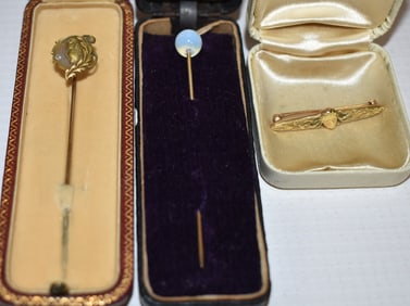 (3) ART NOUVEAU 14KT/DIAMOND/MOONSTONE/ENAMELED PINS